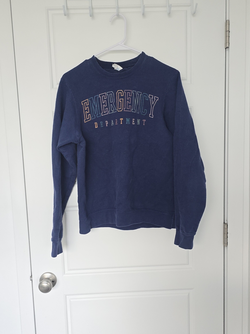Navy Crewneck Sweatshirt with Multicolor 'EMERGENCY' Chest Graphic